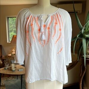 St John’s Bay White and Orange Embroidered Women's Top